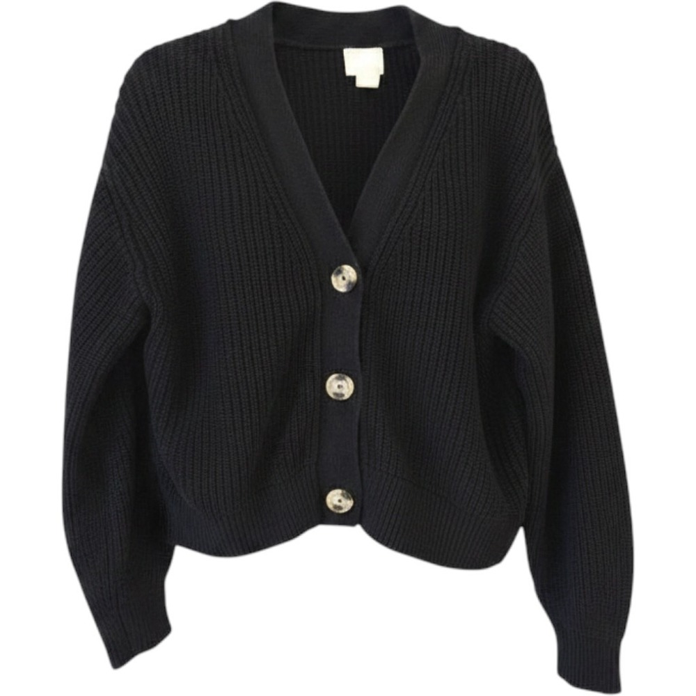 H&M Womens XL Black Ribbed Knit Button‎ Front V-Neck Cardigan Sweater P2P 23.5in